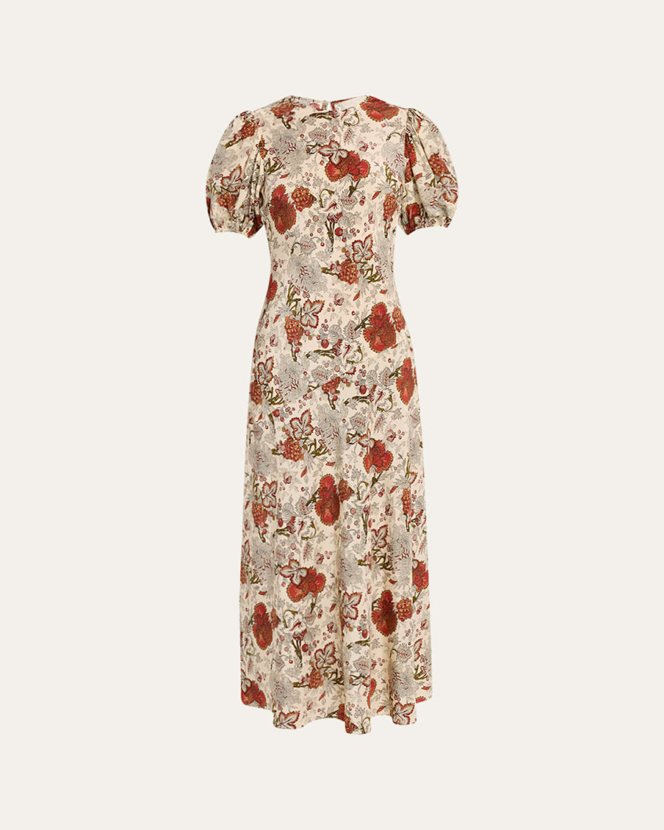 Ines Puff-Sleeve Silk Maxi Dress